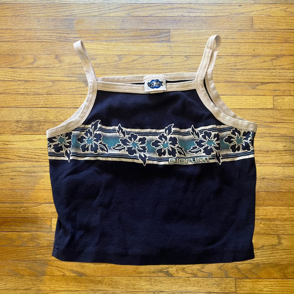 Vintage Big Flirt Y2K Navy Blue Hibiscus Floral Graphic Crop Cami Tank Top
